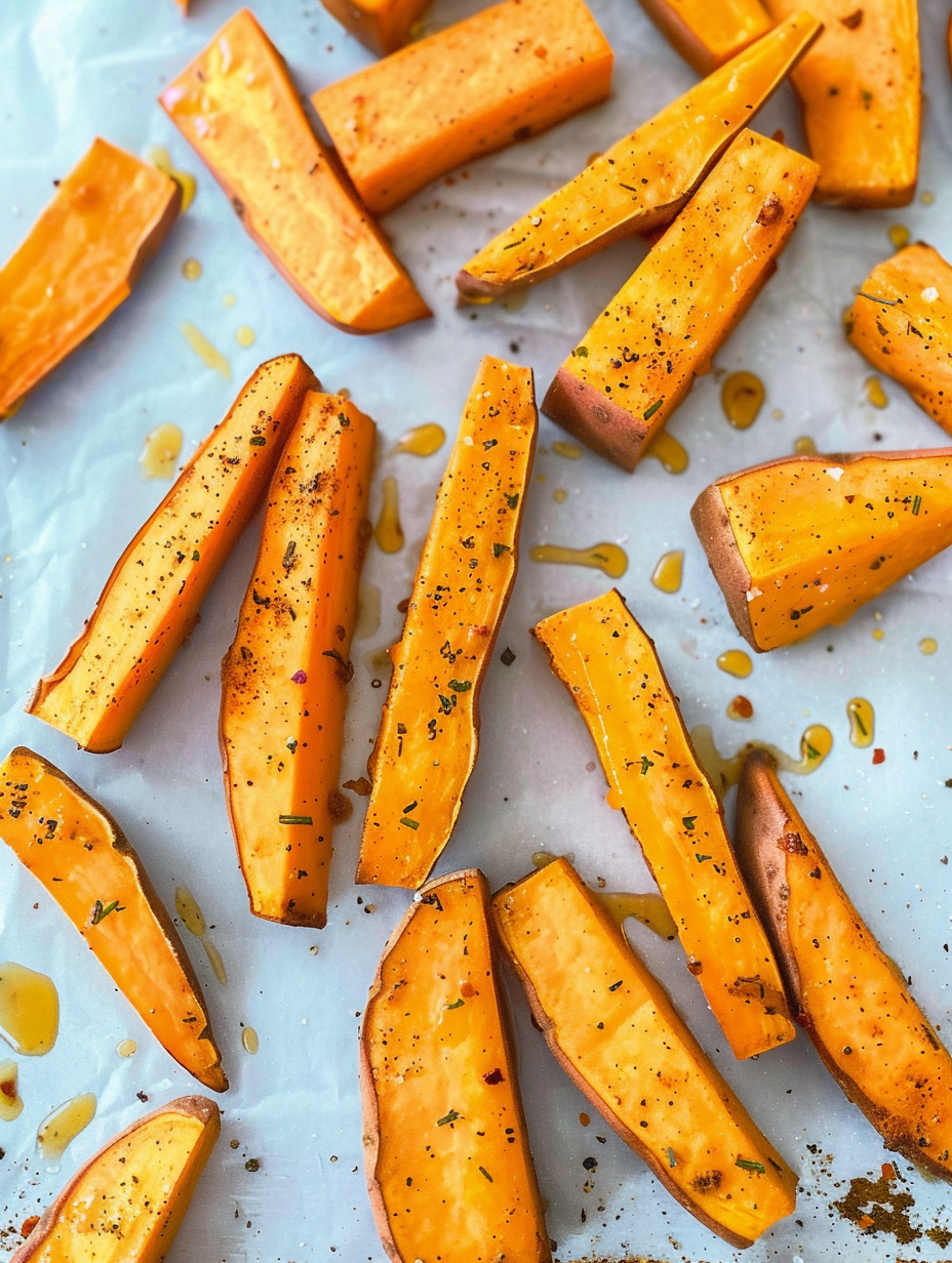 Sweet potato wedges on parchment with dip