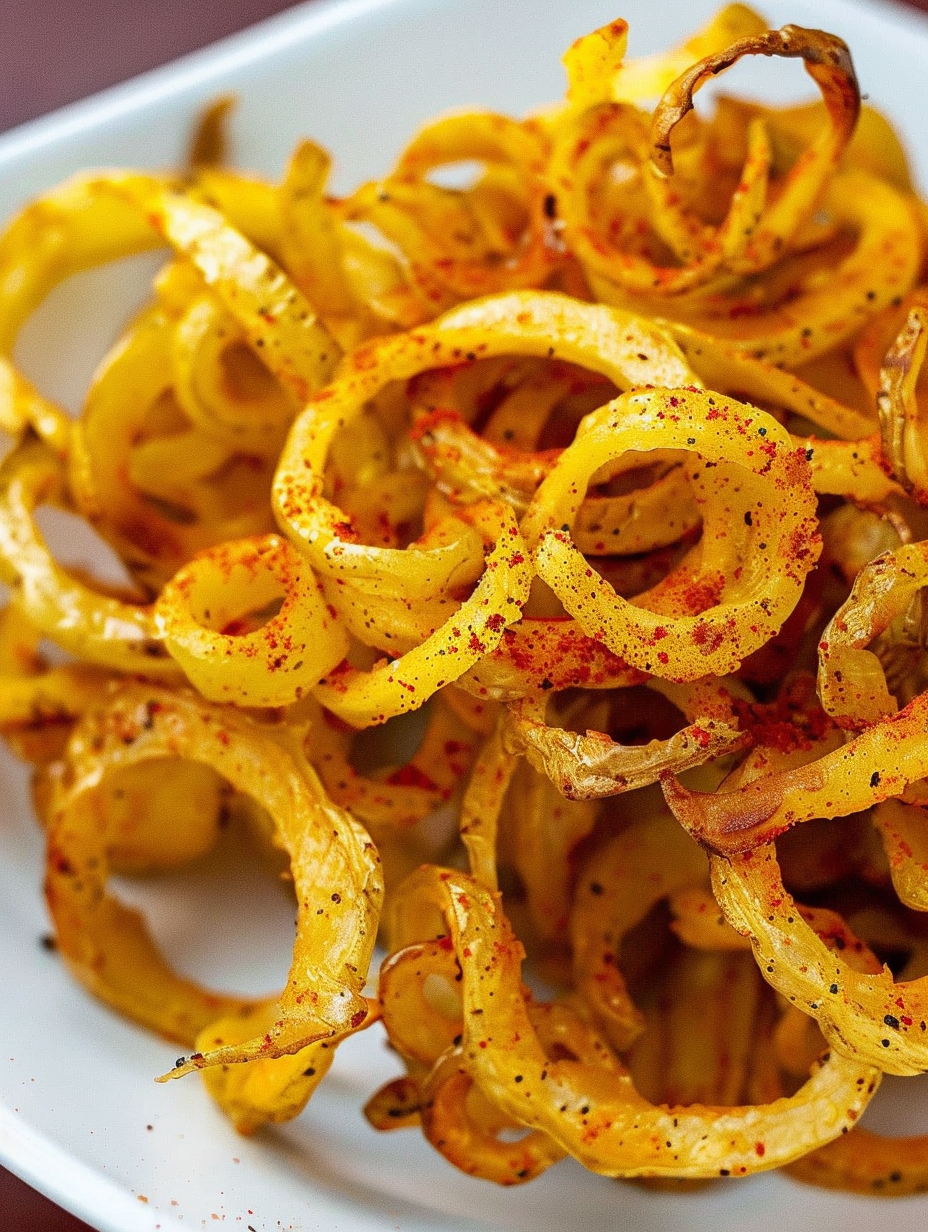 Air fryer basket with golden curly fries halfway through cooking