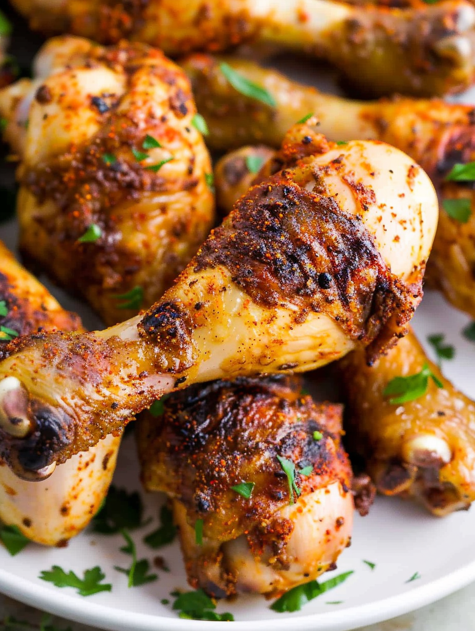 Crispy air fryer chicken legs ready on a platter