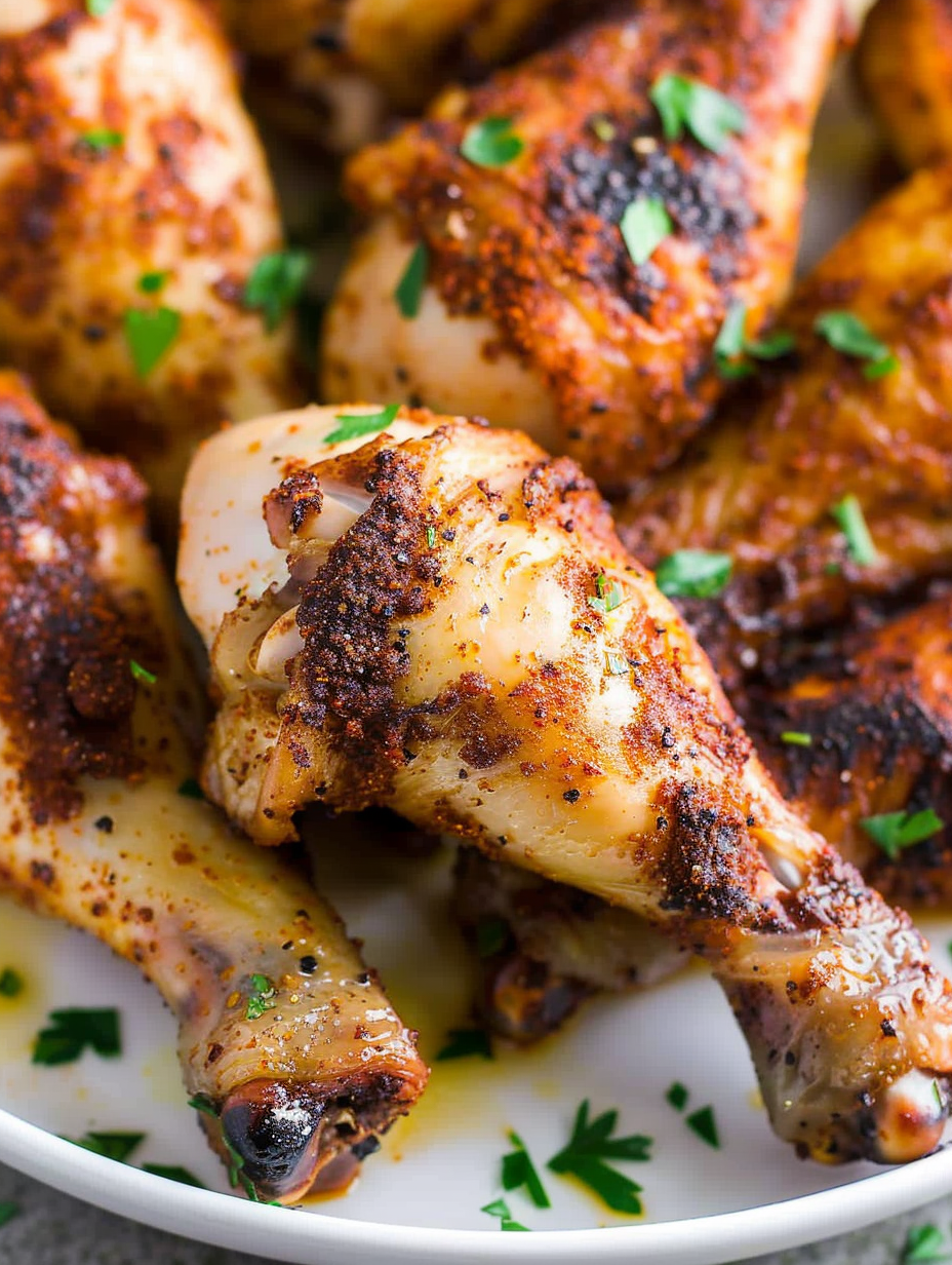 Seasoned chicken legs arranged in an air fryer basket