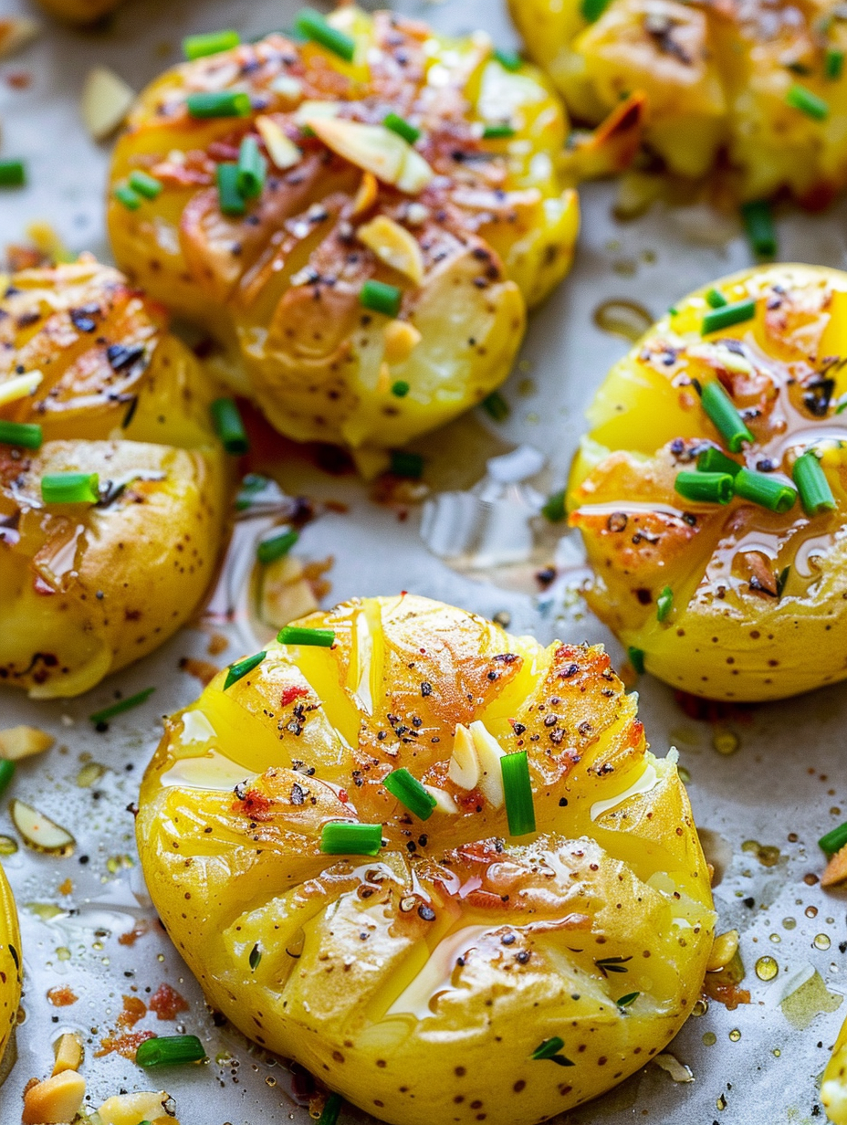 Freshly baked garlic smashed potatoes on a baking sheet