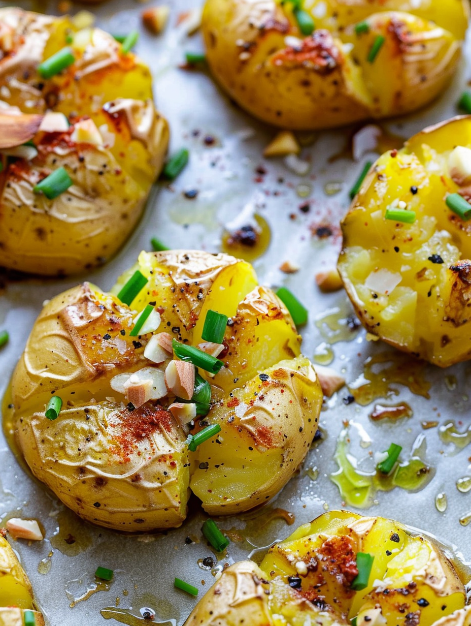 Close-up of a smashed potato topped with herbs and almonds