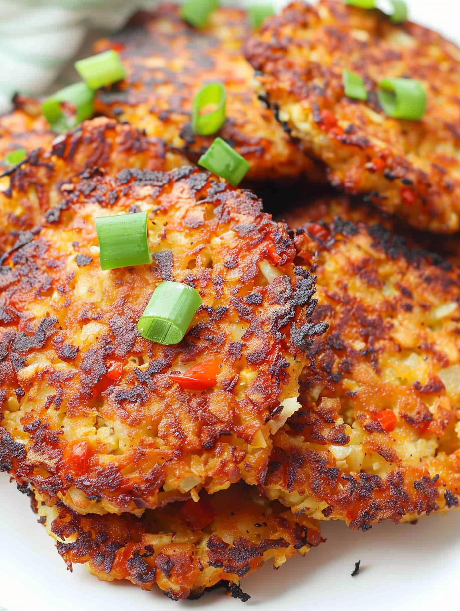 Stack of cauliflower patties garnished with herbs