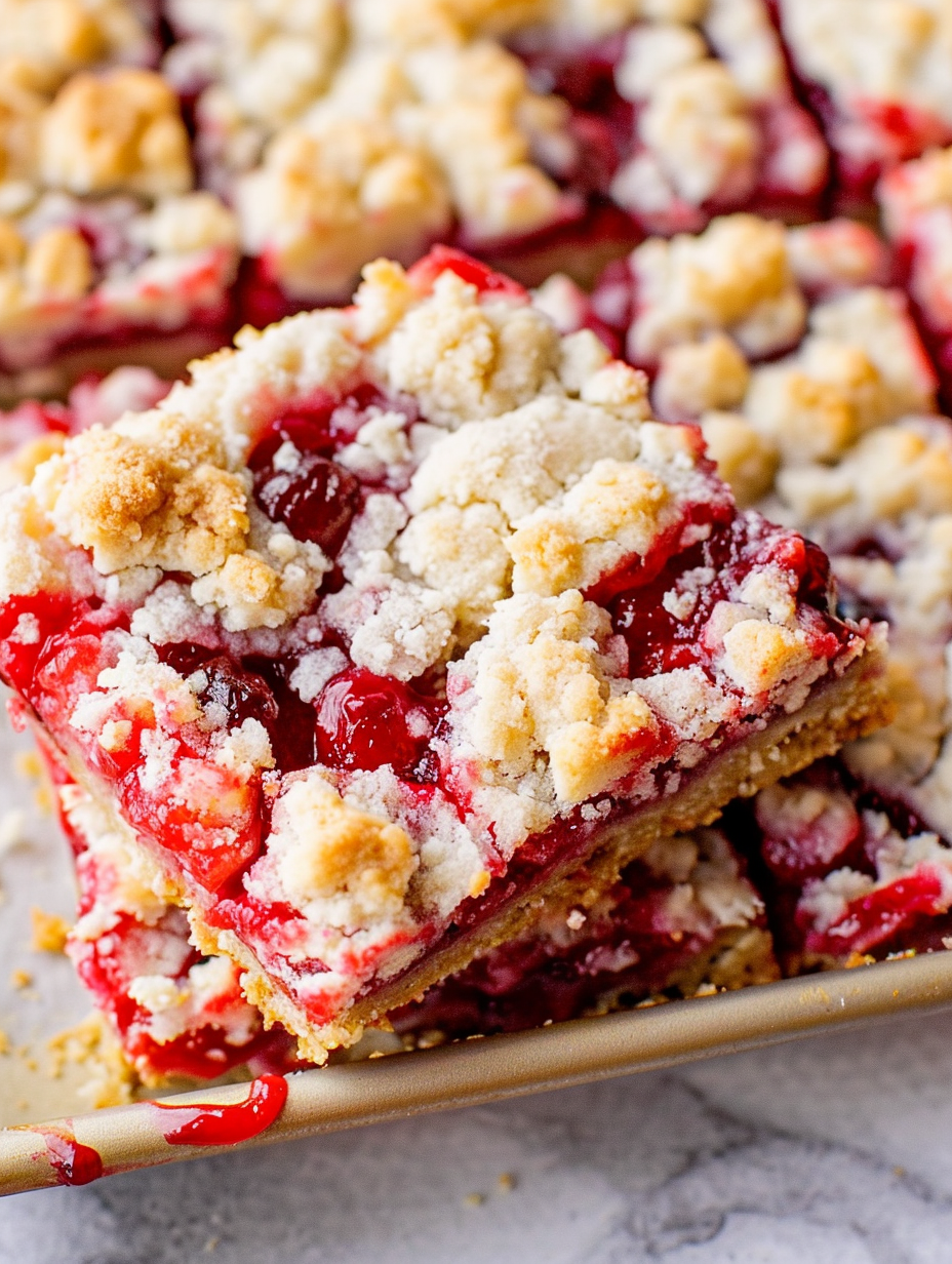 Sliced Cherry Crumble Bars on wooden board