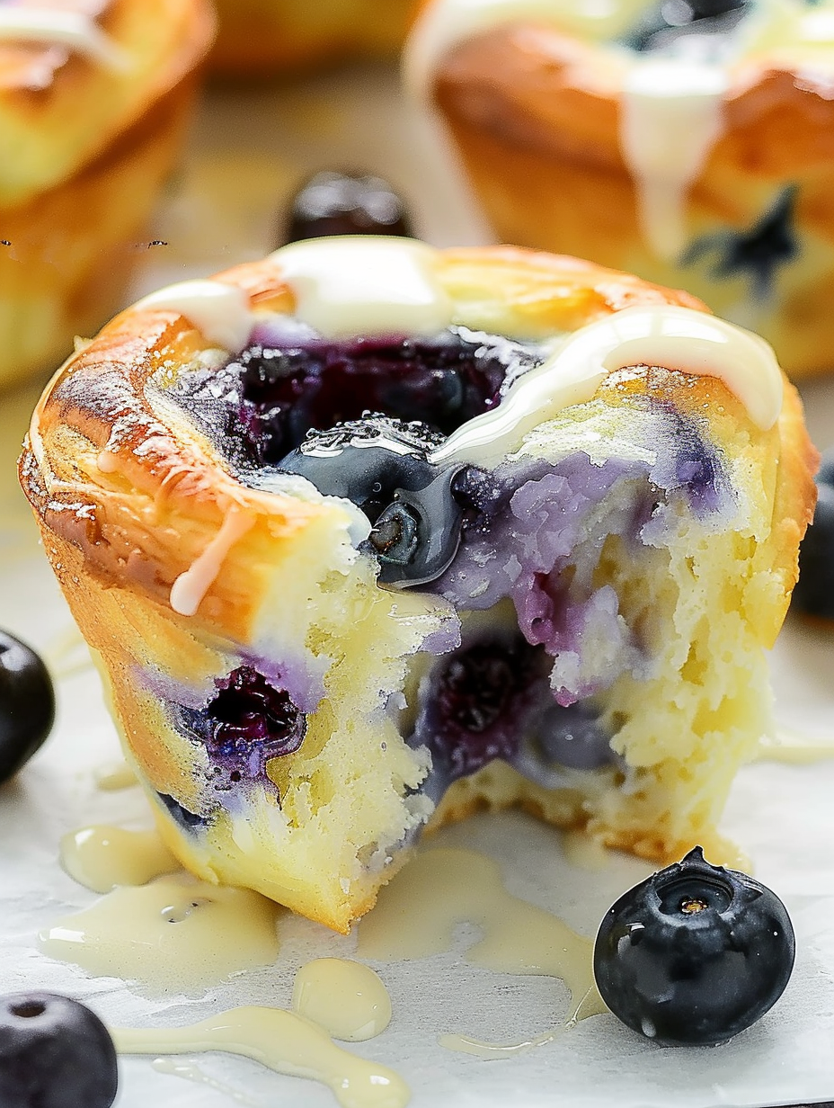 Blueberry crescent roll muffins in a muffin tin, golden and glazed