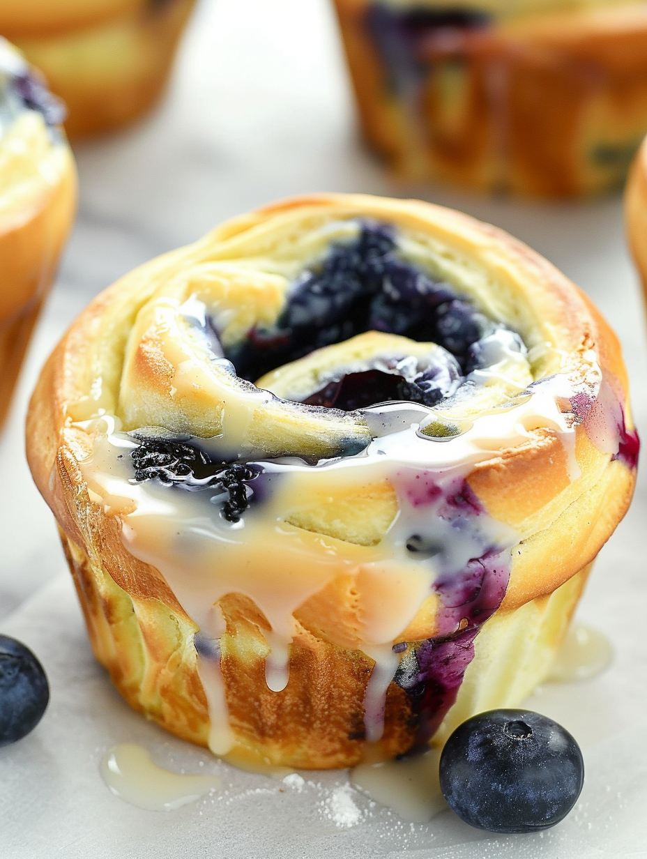 Glazed blueberry muffin close-up with flaky edges