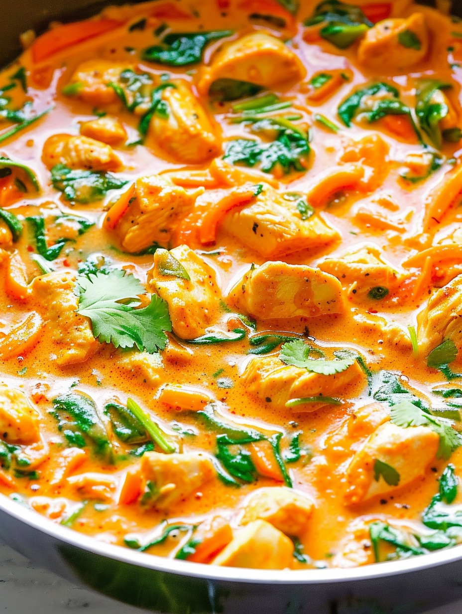 Bowl of Thai chicken coconut curry with cilantro garnish