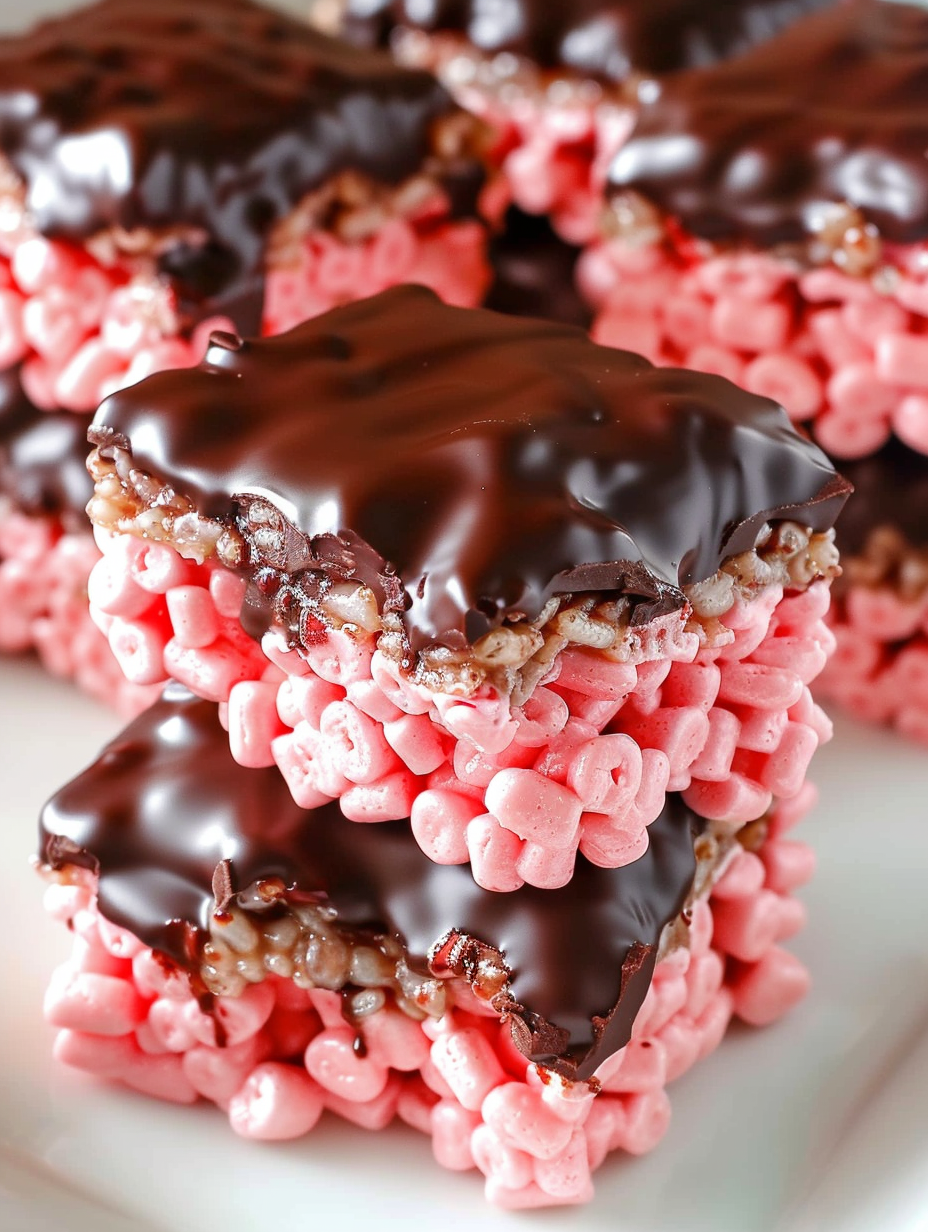 Freshly drizzled chocolate over cherry rice krispie bars