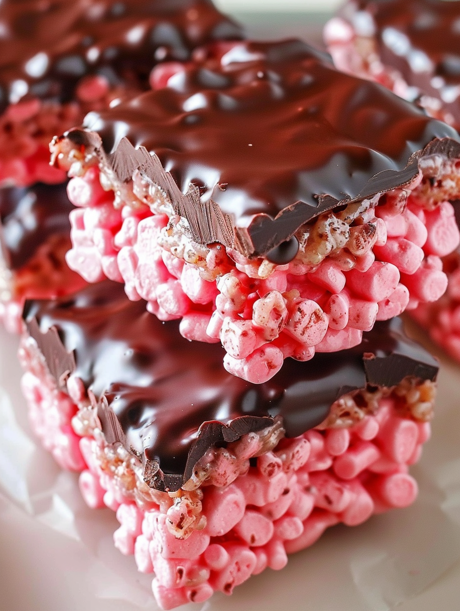 Close-up of cherry rice krispie treats with chocolate drizzle
