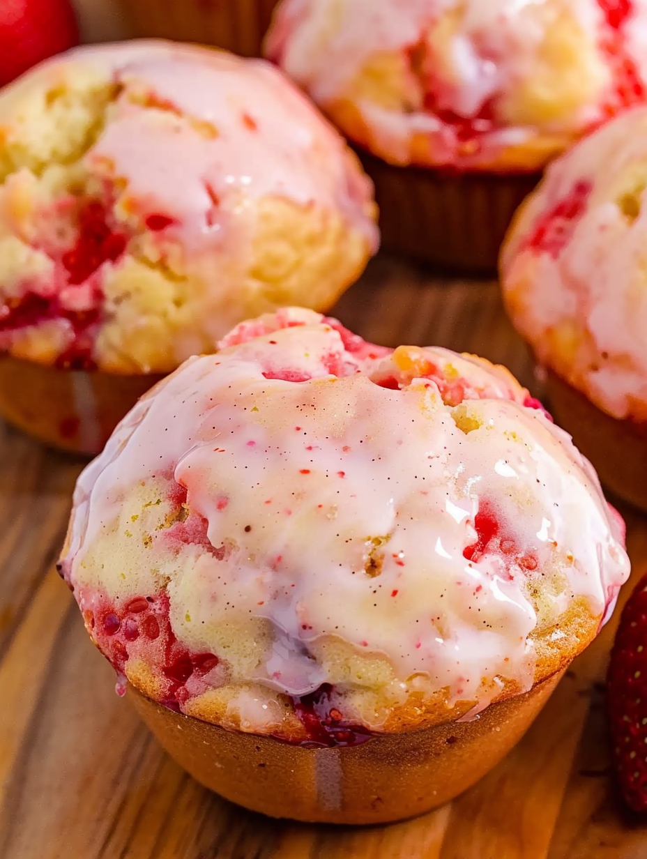 Freshly baked strawberry muffins on a cooling rack