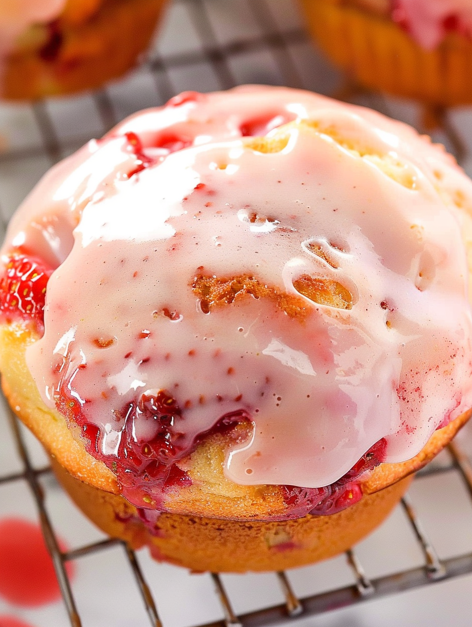Individual strawberry muffin with glaze on a plate