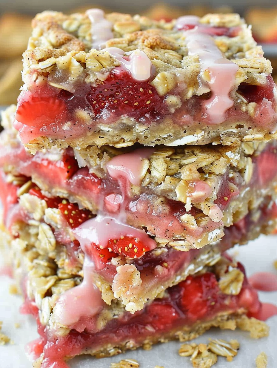 Freshly baked strawberry oatmeal bars cooling on a rack