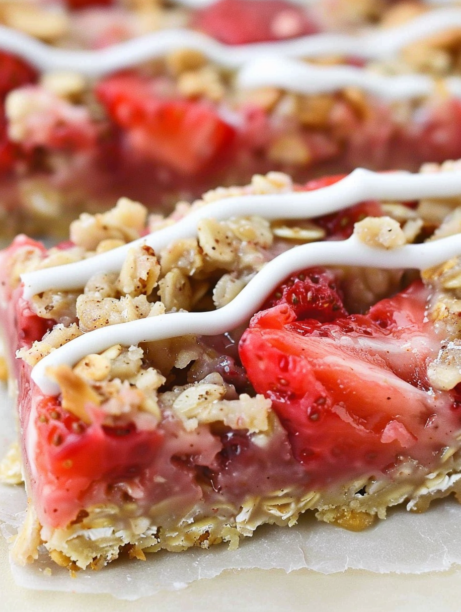 Close-up of a sliced strawberry oatmeal bar with glaze