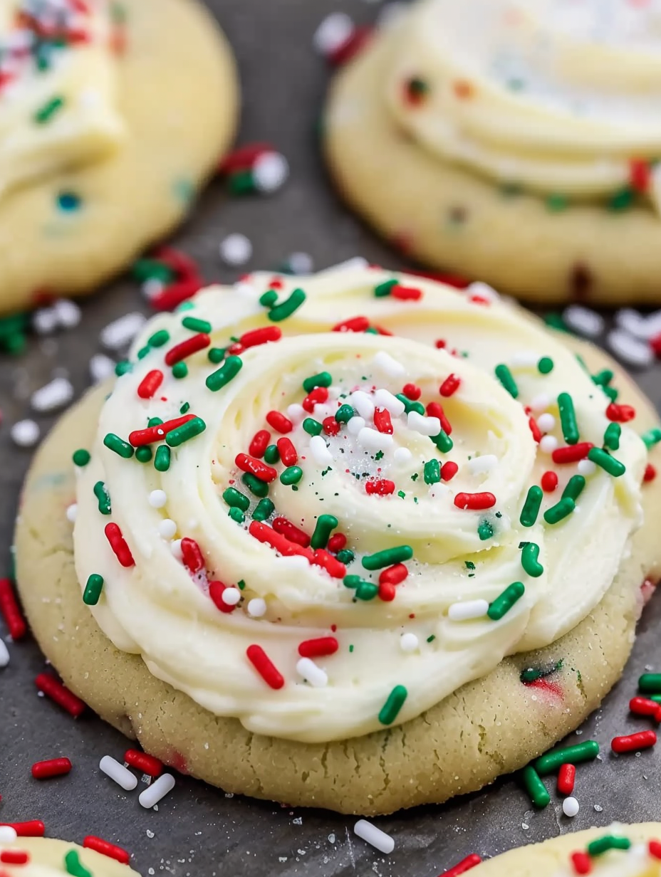Piped frosting spiral on a cake batter cookie with colorful sprinkles