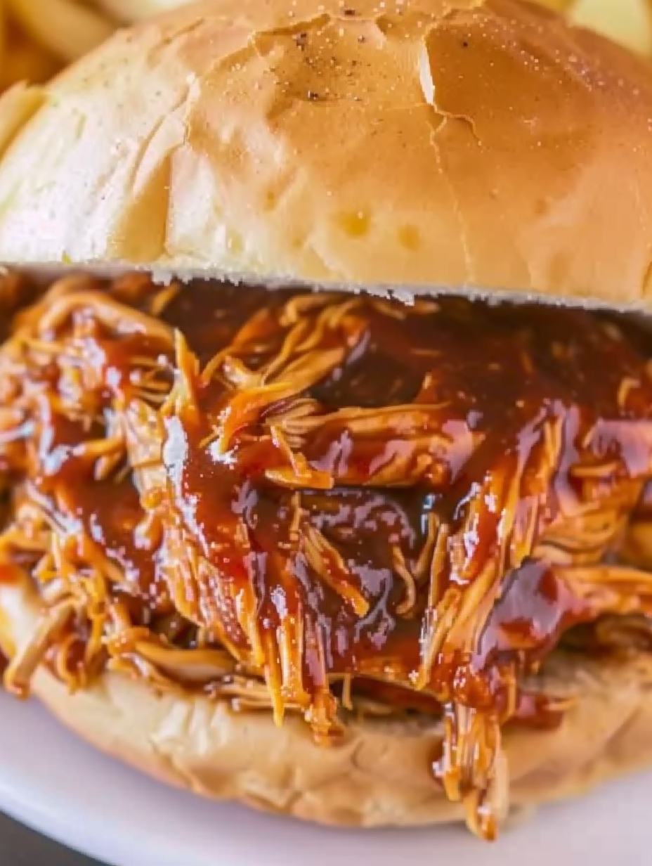 Pulled chicken sandwich on toasted bun