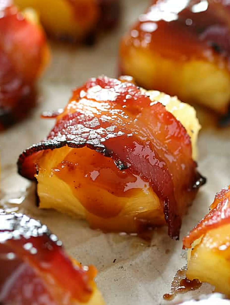 Bacon wrapped pineapple pieces on baking sheet