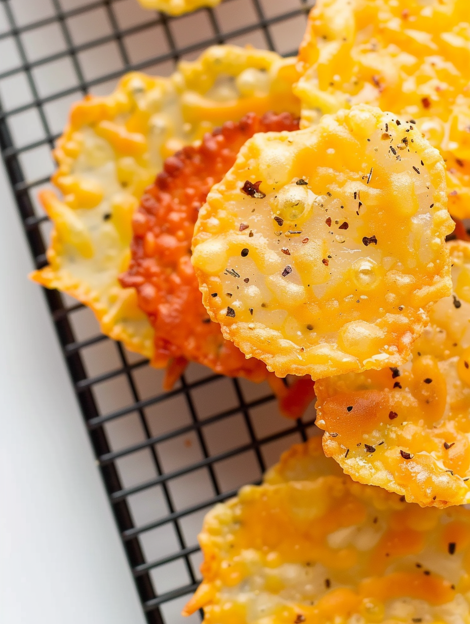 Stacked cheese crisps on a cutting board