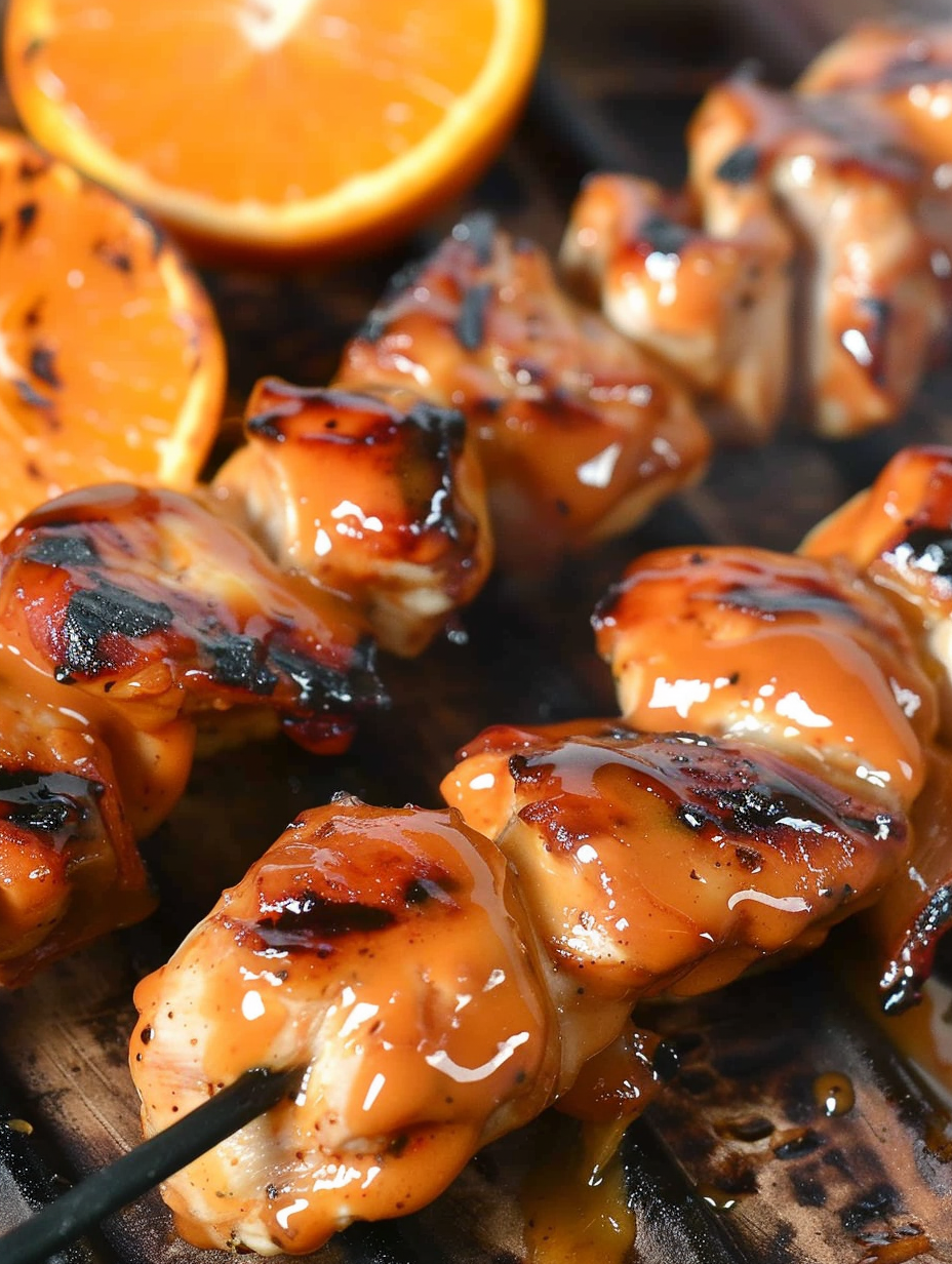Sticky orange chicken kebabs on a grill with glossy glaze