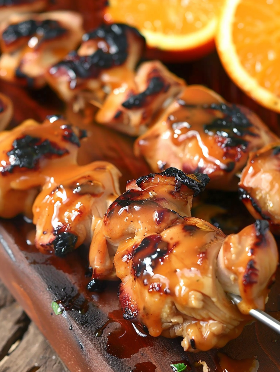 Close-up of skewered orange chicken being brushed with glaze
