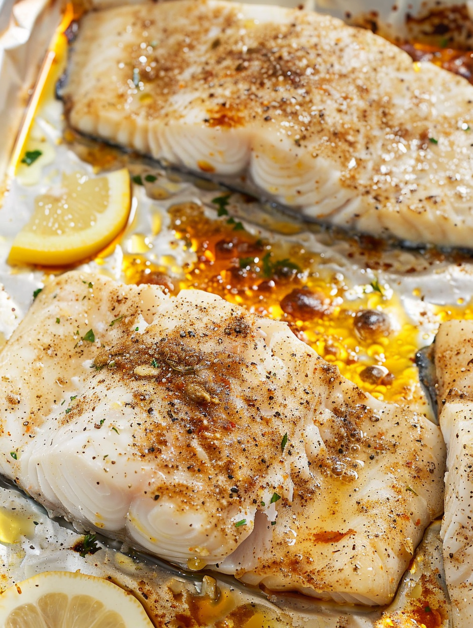 Baked white fish fillets on a sheet pan