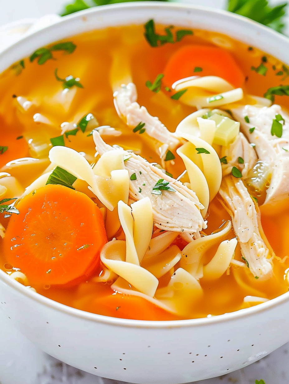 Slow cooker filled with chicken noodle soup ingredients