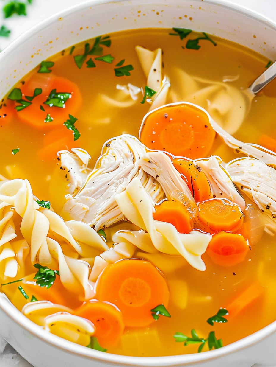 Bowl of finished chicken noodle soup garnished with parsley