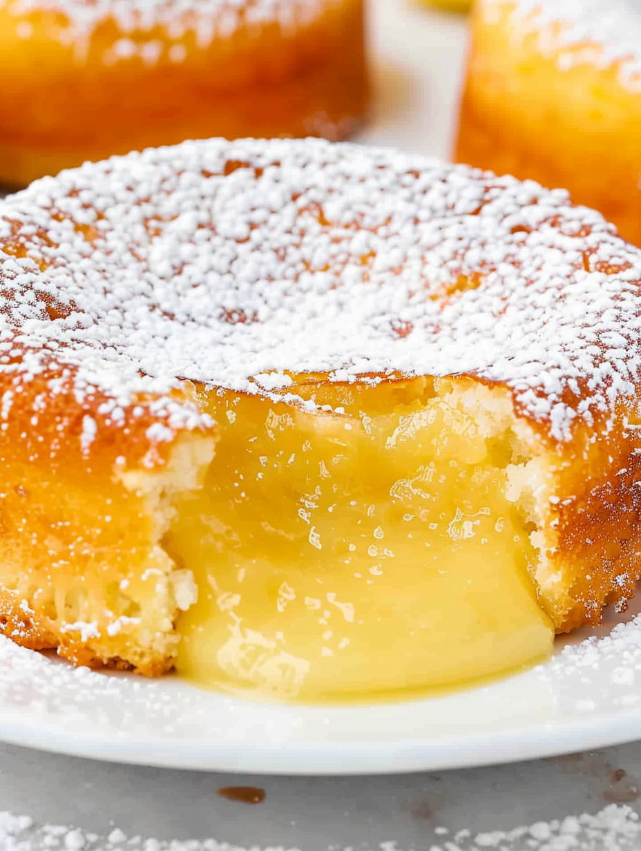 Lemon lava cake with molten white chocolate center on a plate