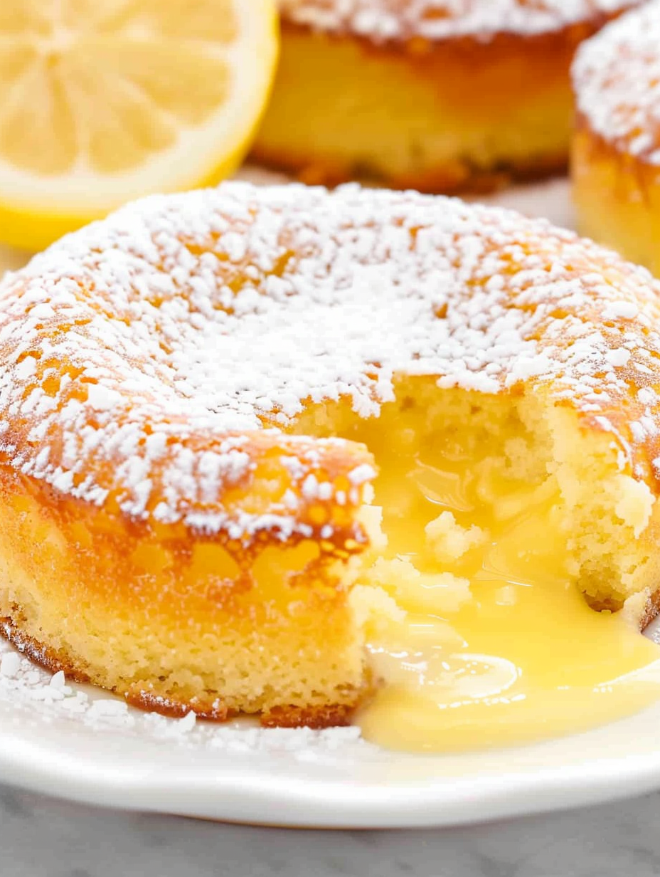 Two ramekins of lemon lava cake with powdered sugar dusting