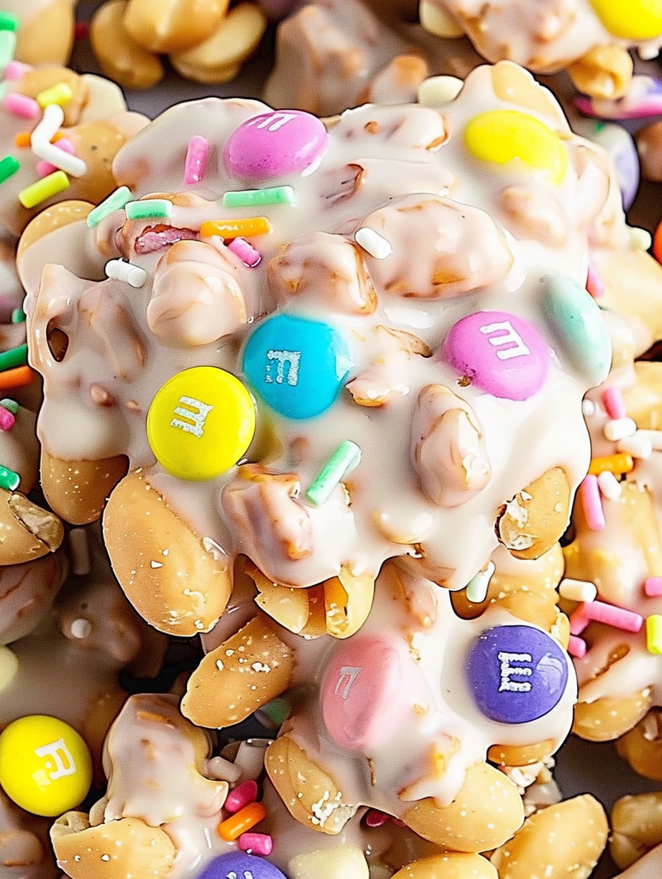 Finished Easter candy clusters on a parchment-lined tray