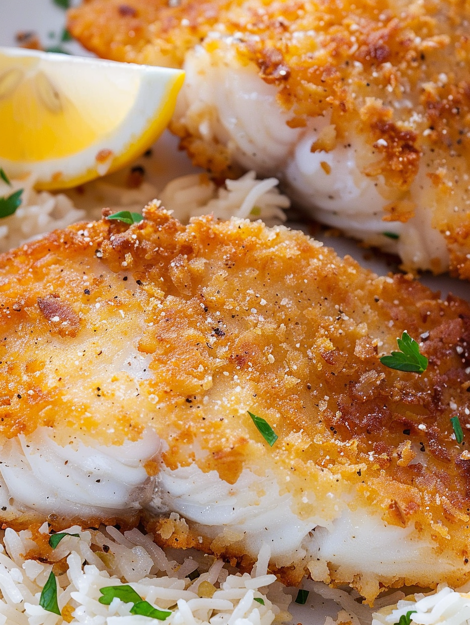 Pan fried fish in skillet with golden crust