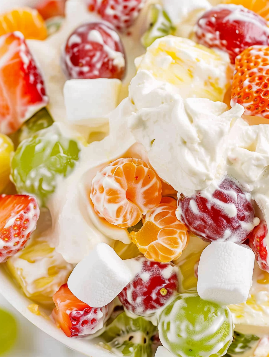 Close-up of creamy dressing coating fruit pieces