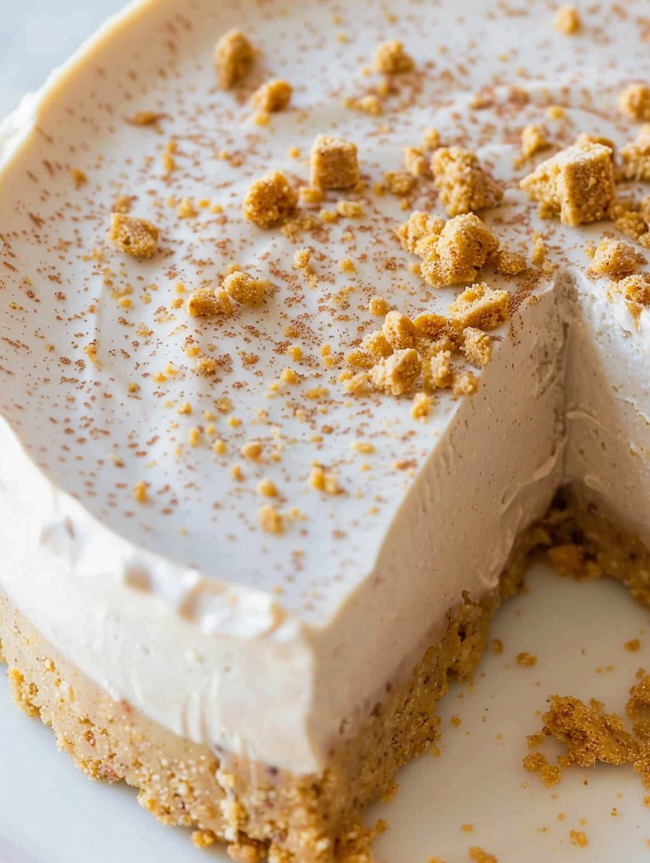 No-bake speculoos cake slice on plate