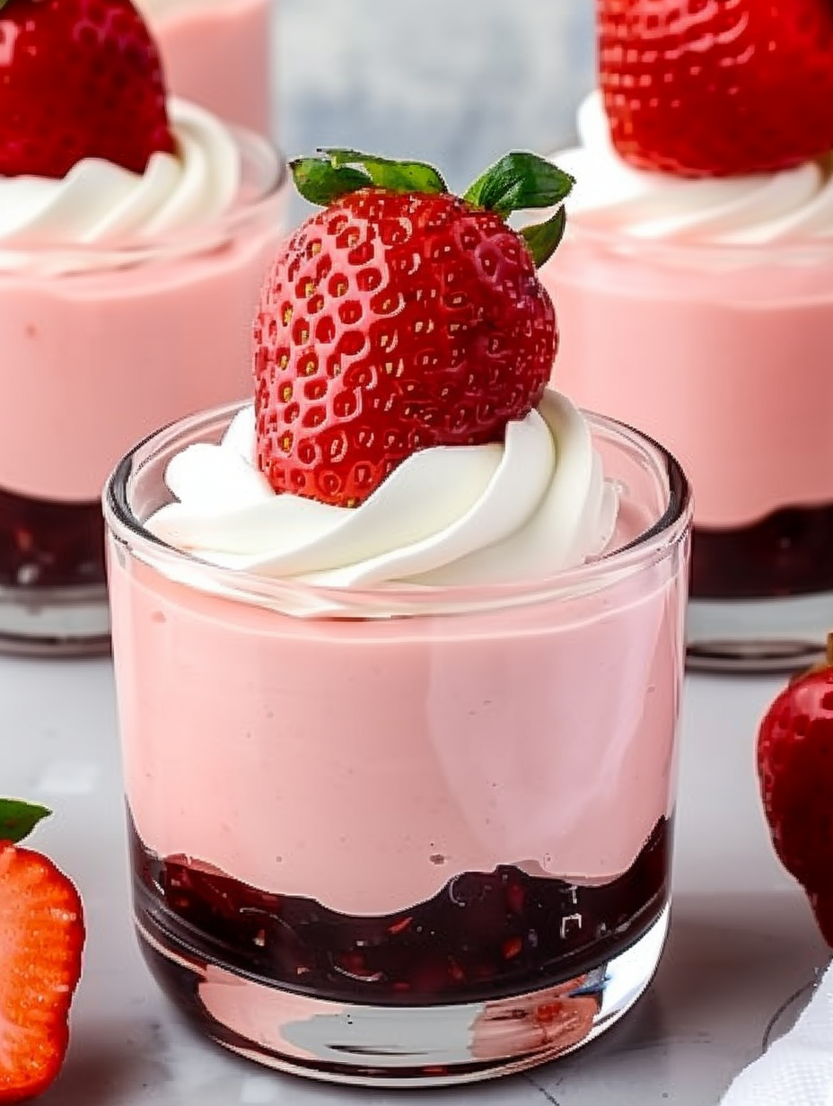 Individual strawberry mousse servings garnished with fresh strawberries