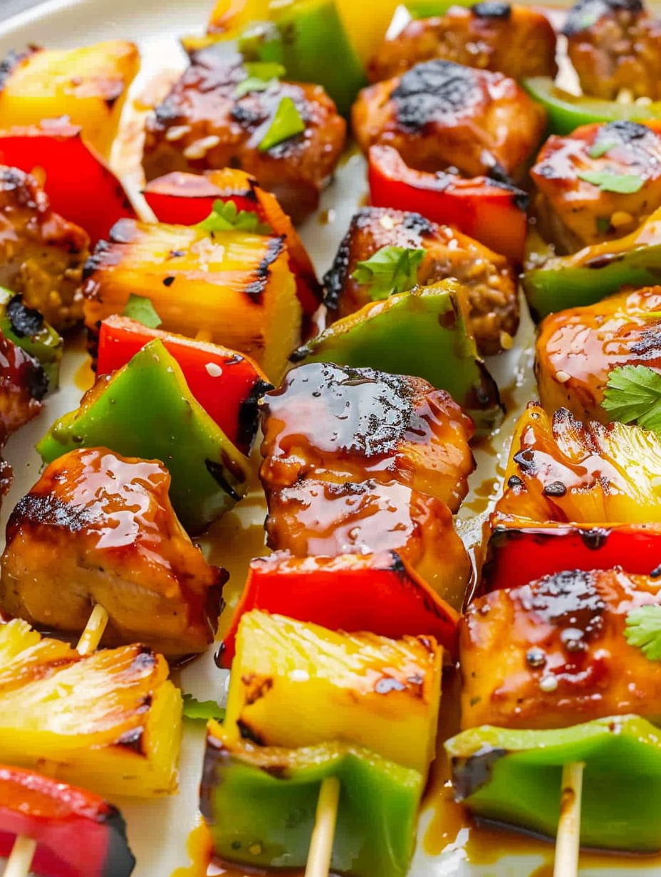 Close-up of glazed kabobs with pineapple and peppers