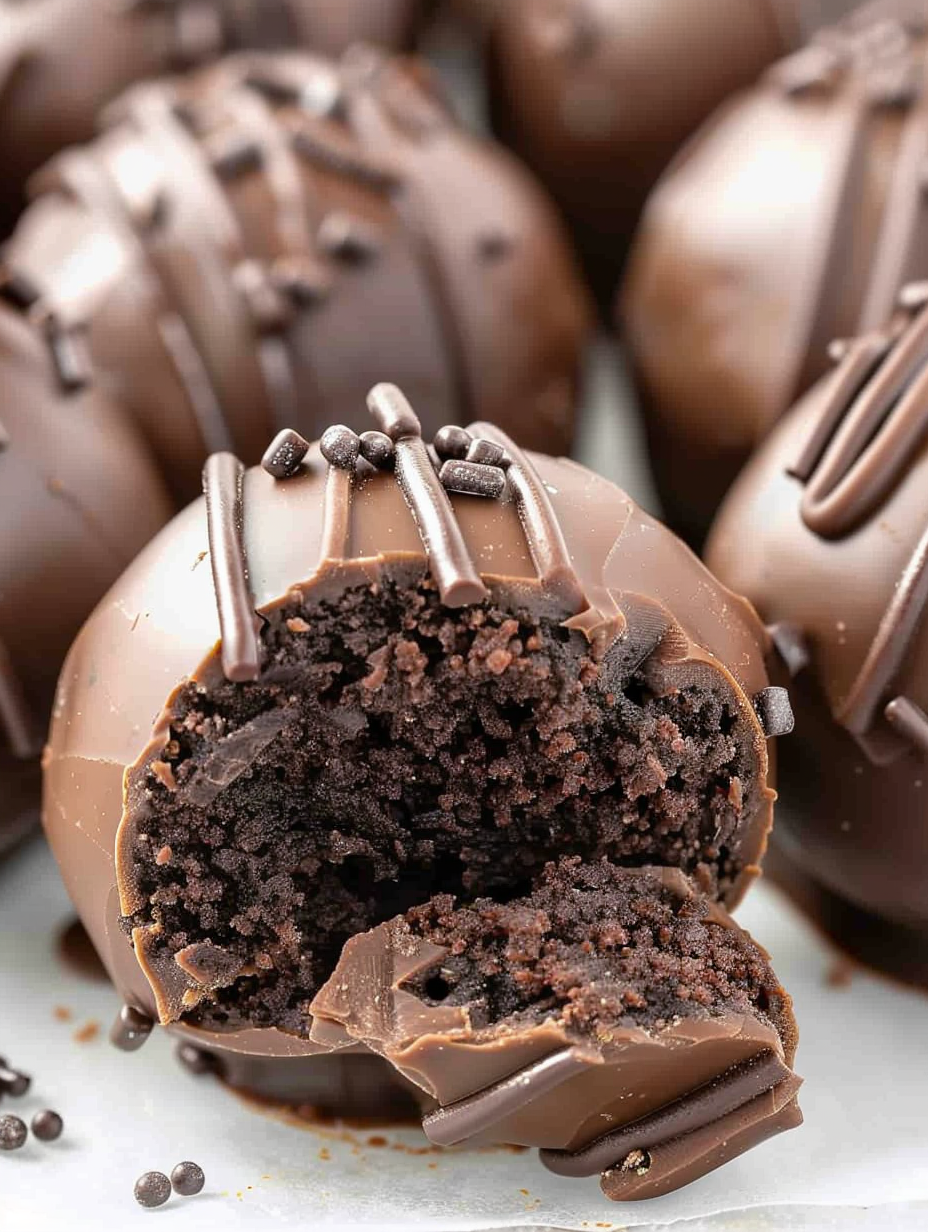 Close-up of chocolate cheesecake truffle on parchment