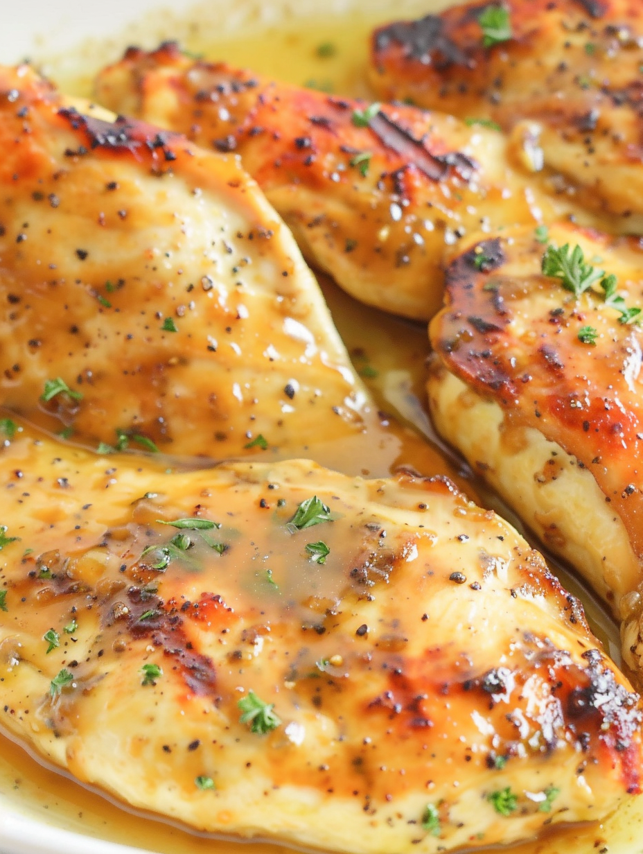 Oven baked honey mustard chicken in skillet with glaze