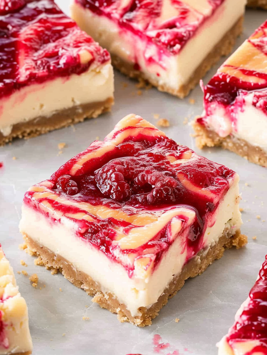 Raspberry Swirl Cheesecake Bars on a serving plate, with visible raspberry ribbon