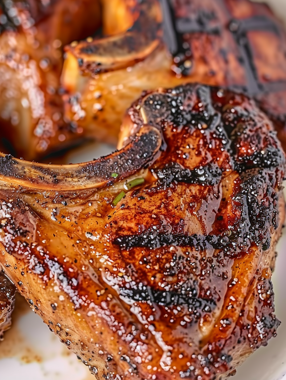 Grilled pork chops with crust and grill marks