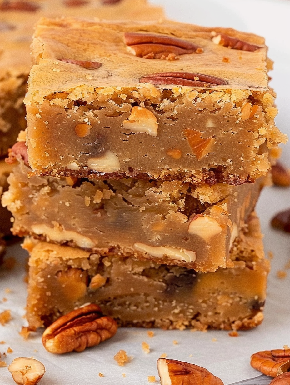 Sliced butterscotch brownies served on a plate
