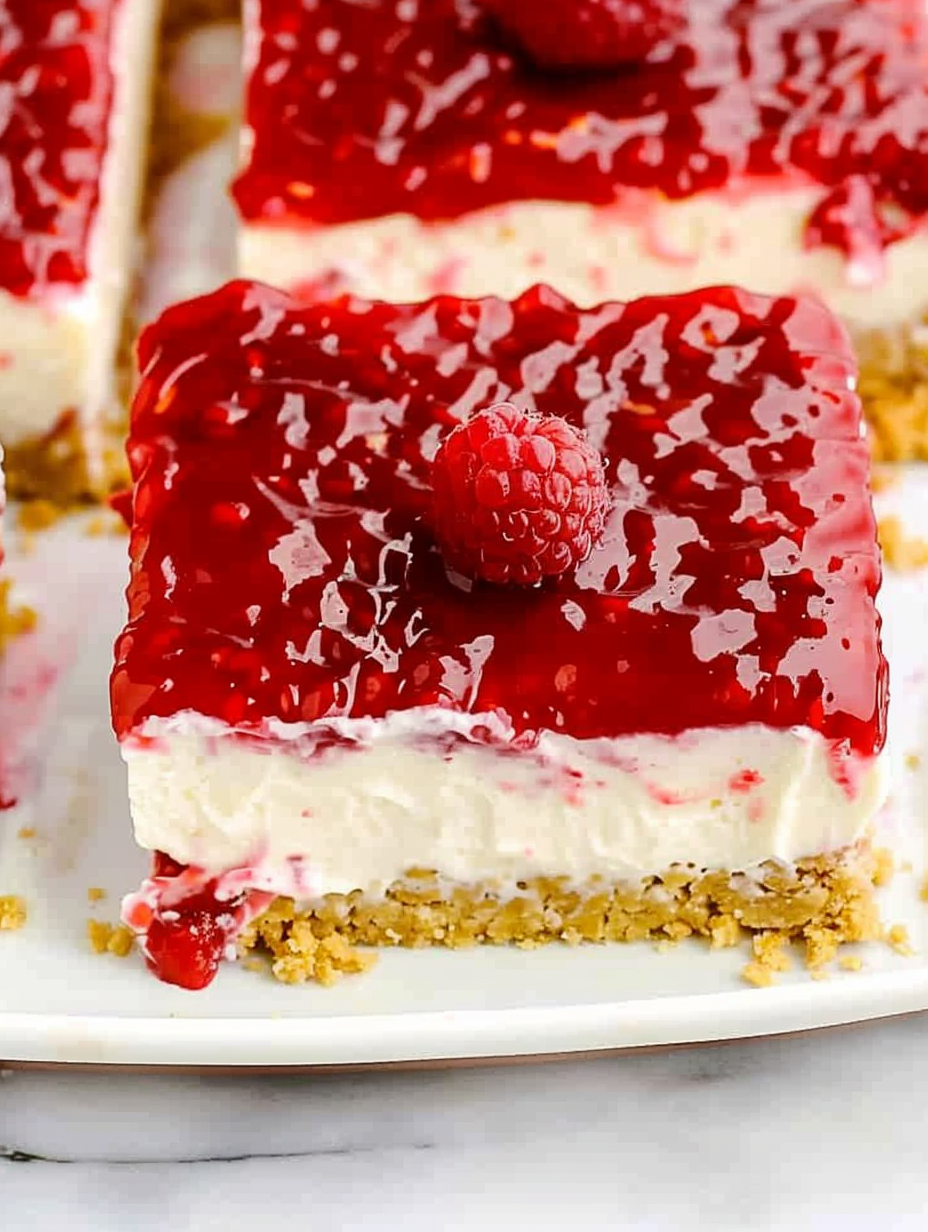 Close-up of raspberry layer on cheesecake