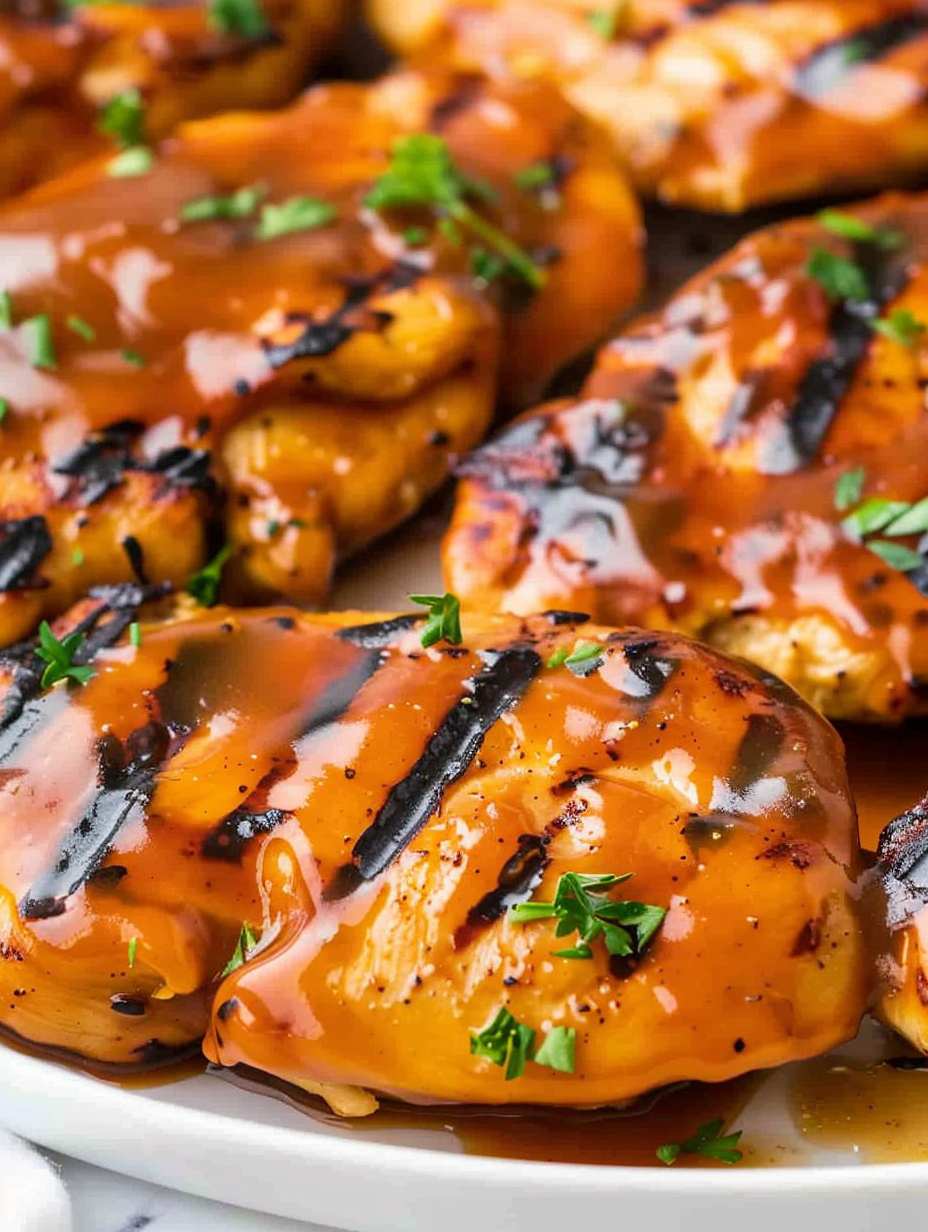 Plated honey barbecue chicken with garnish