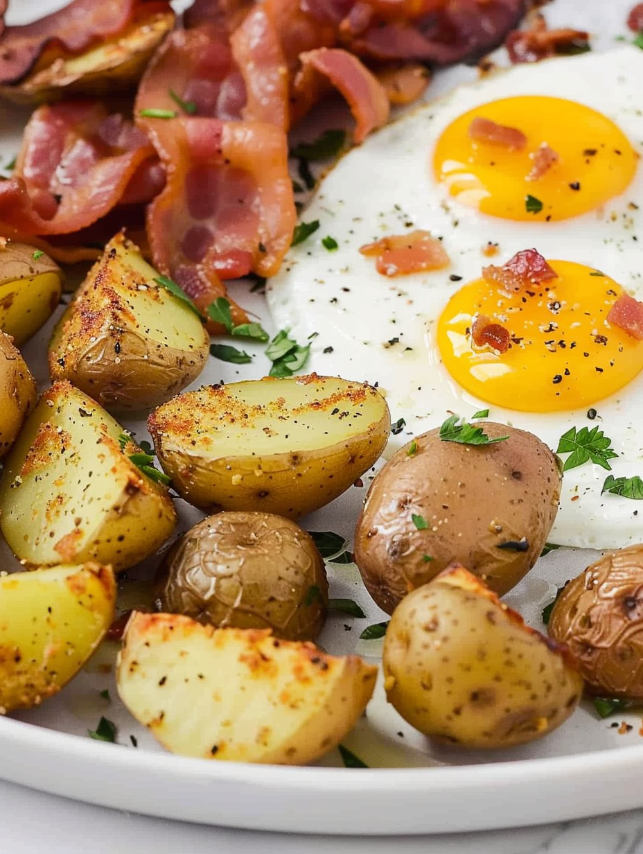 Close-up of baked eggs in potato wells with parsley garnish