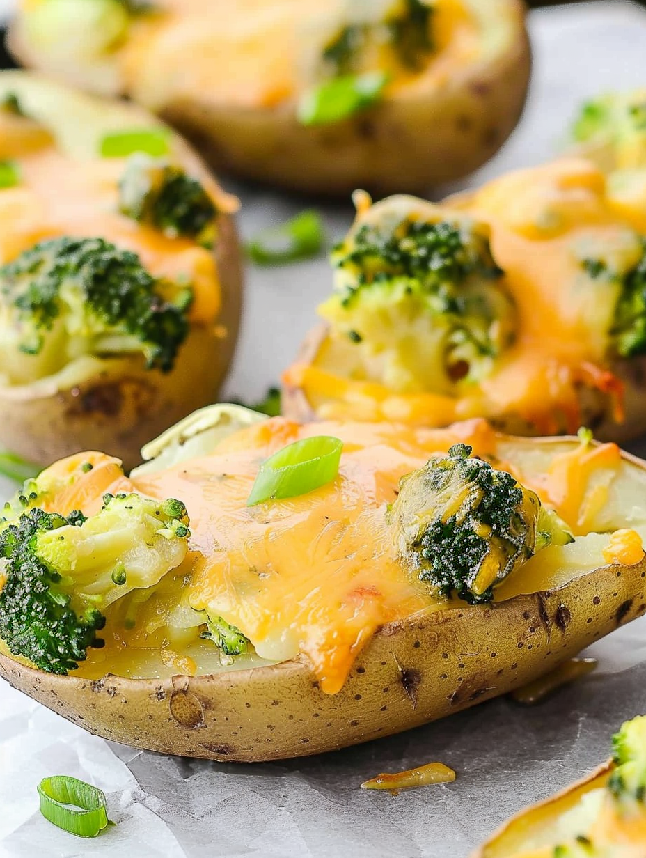 Broccoli and Cheddar Potato Skins on a baking sheet