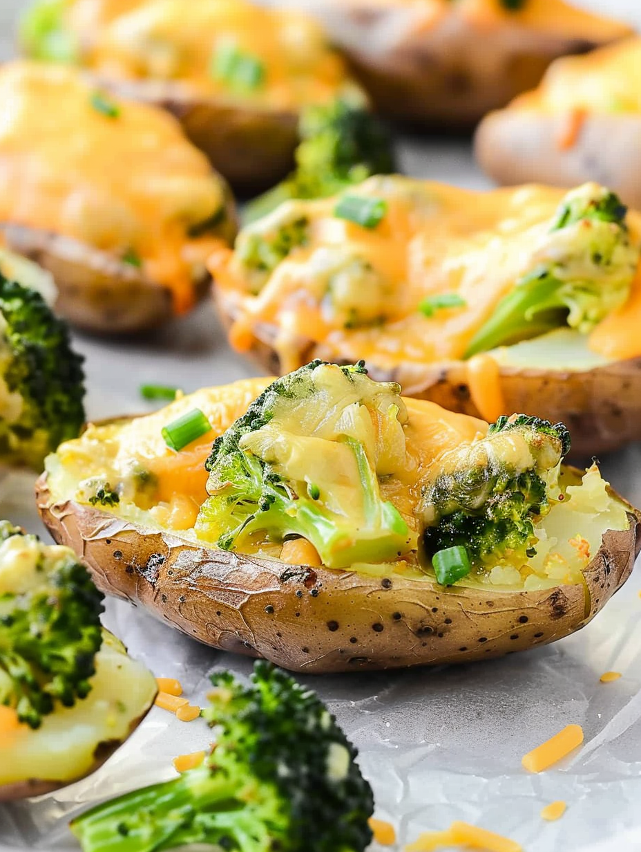 Close-up of a potato skin filled with broccoli and cheese