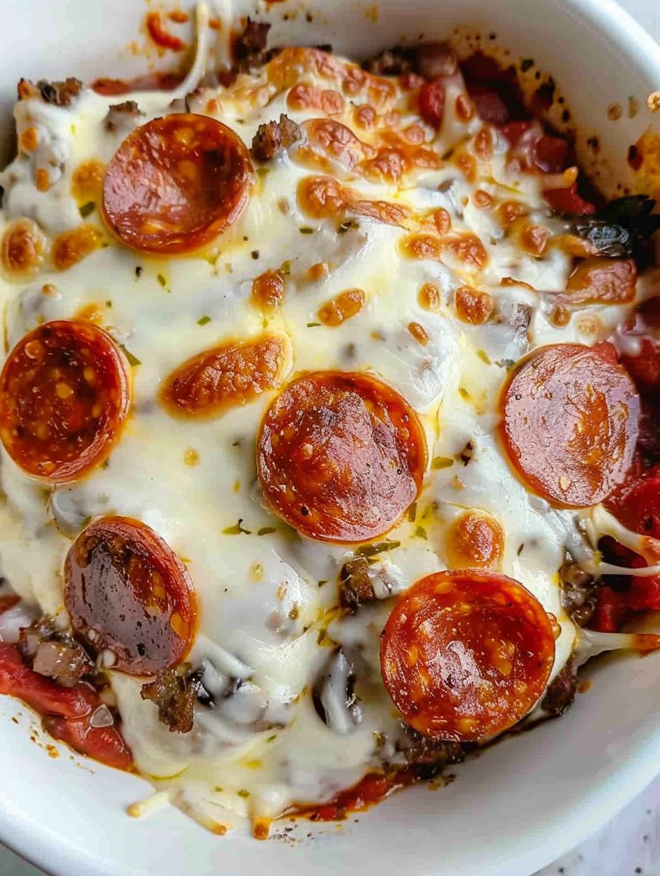Close-up of cheesy keto pizza in a bowl with pepperoni