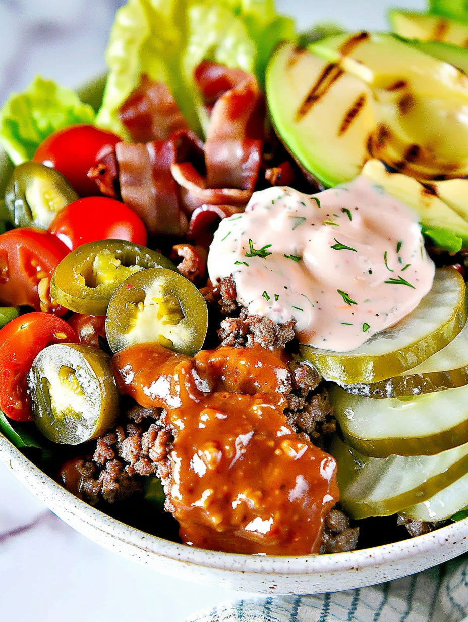 Assembled low-carb burger bowl with avocado and bacon