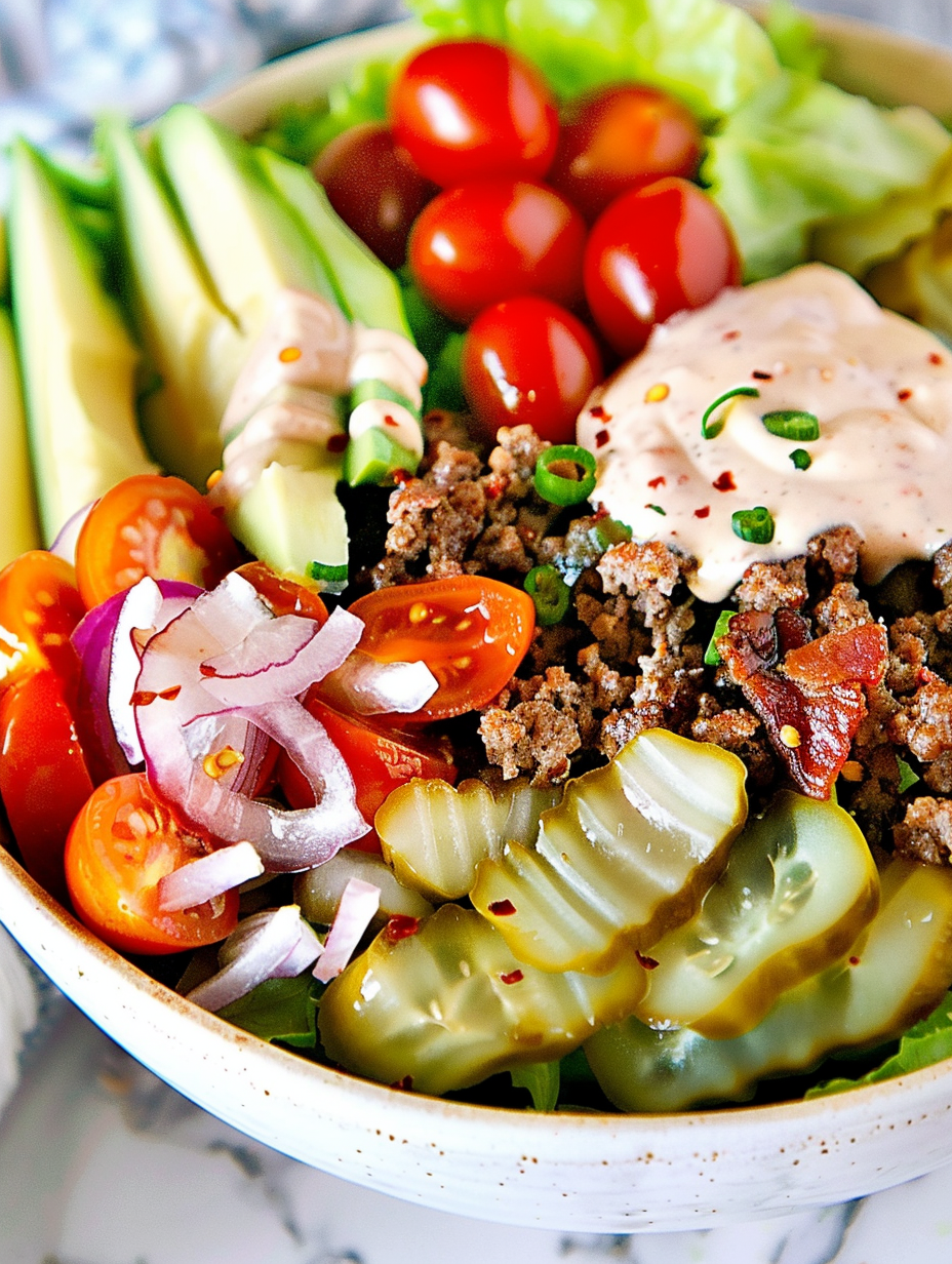 Low-carb burger bowl ingredients laid out on a counter
