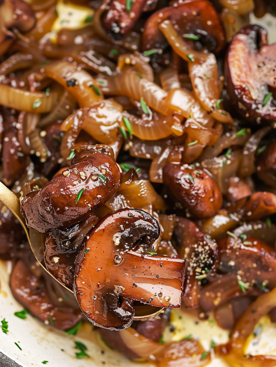 Caramelized onions and mushrooms in a pan