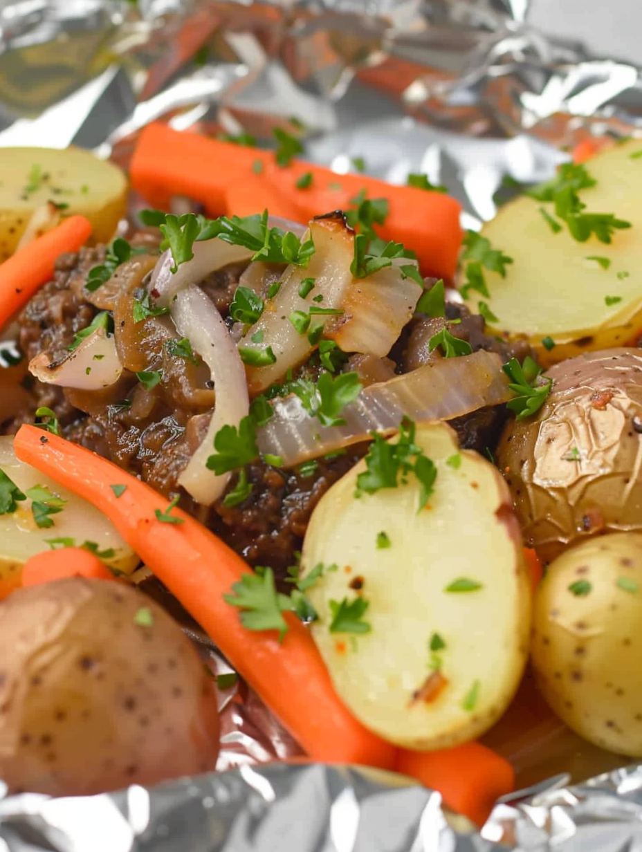 Four foil packets on a baking sheet ready to bake