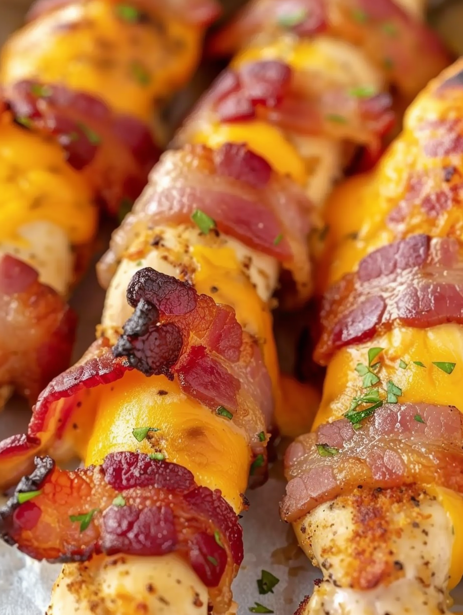 Bacon-wrapped chicken tenders on a rack fresh from the oven